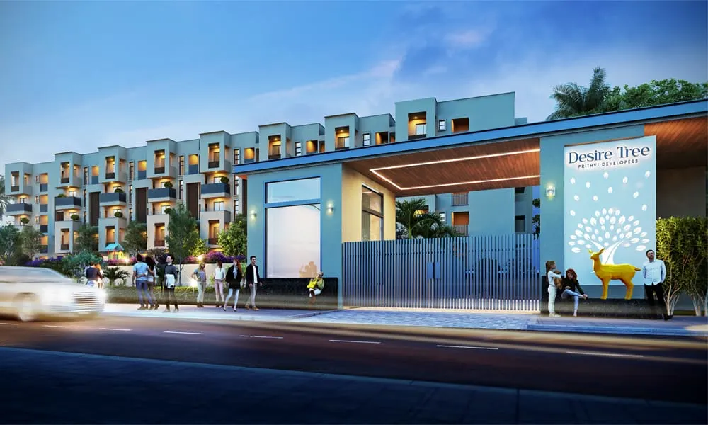 Luxurious modern apartment building exterior at dusk