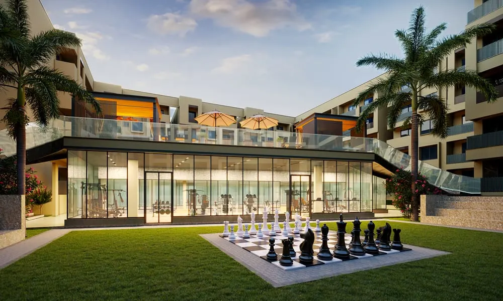 Spacious 2BHK living room with floor-to-ceiling windows